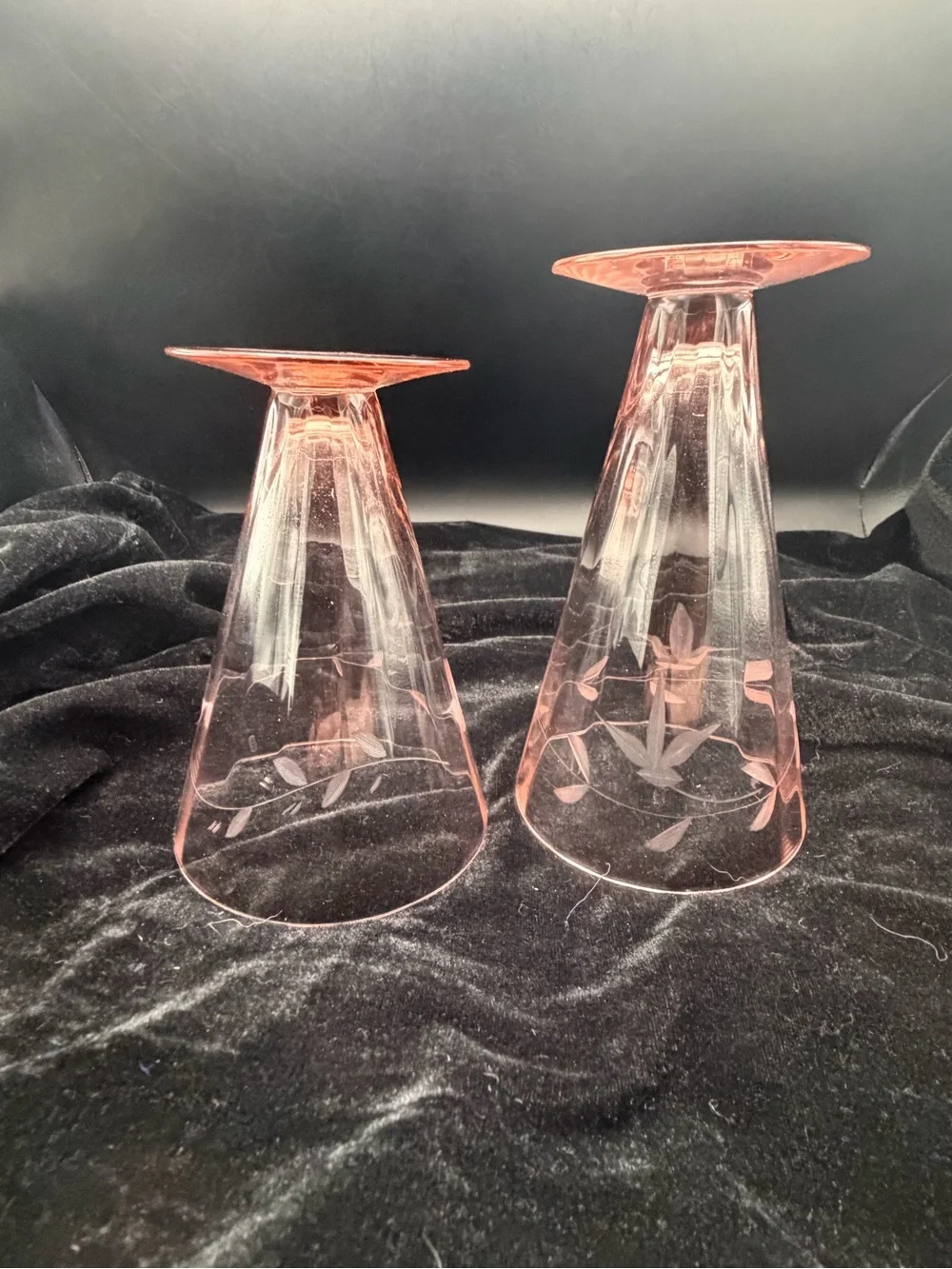 Pink Etched Depression Glass Footed Tumblers - Set of 2